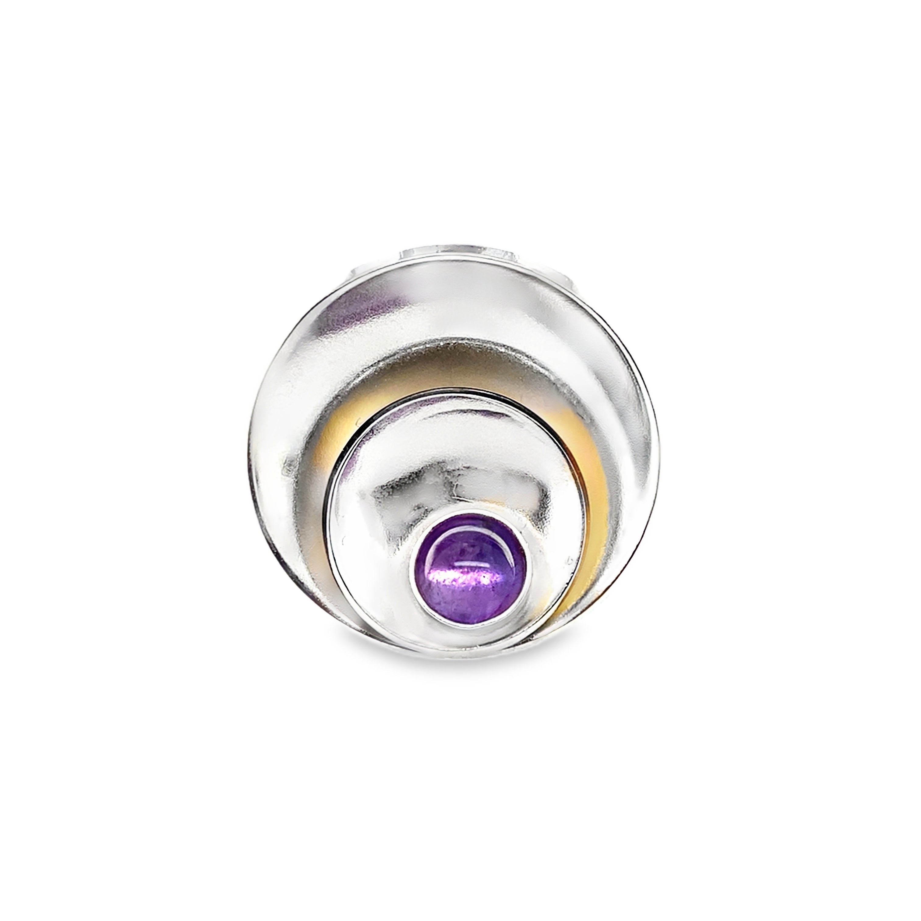 Amethyst set in a silver bezel on a 2 layer domed disc ring