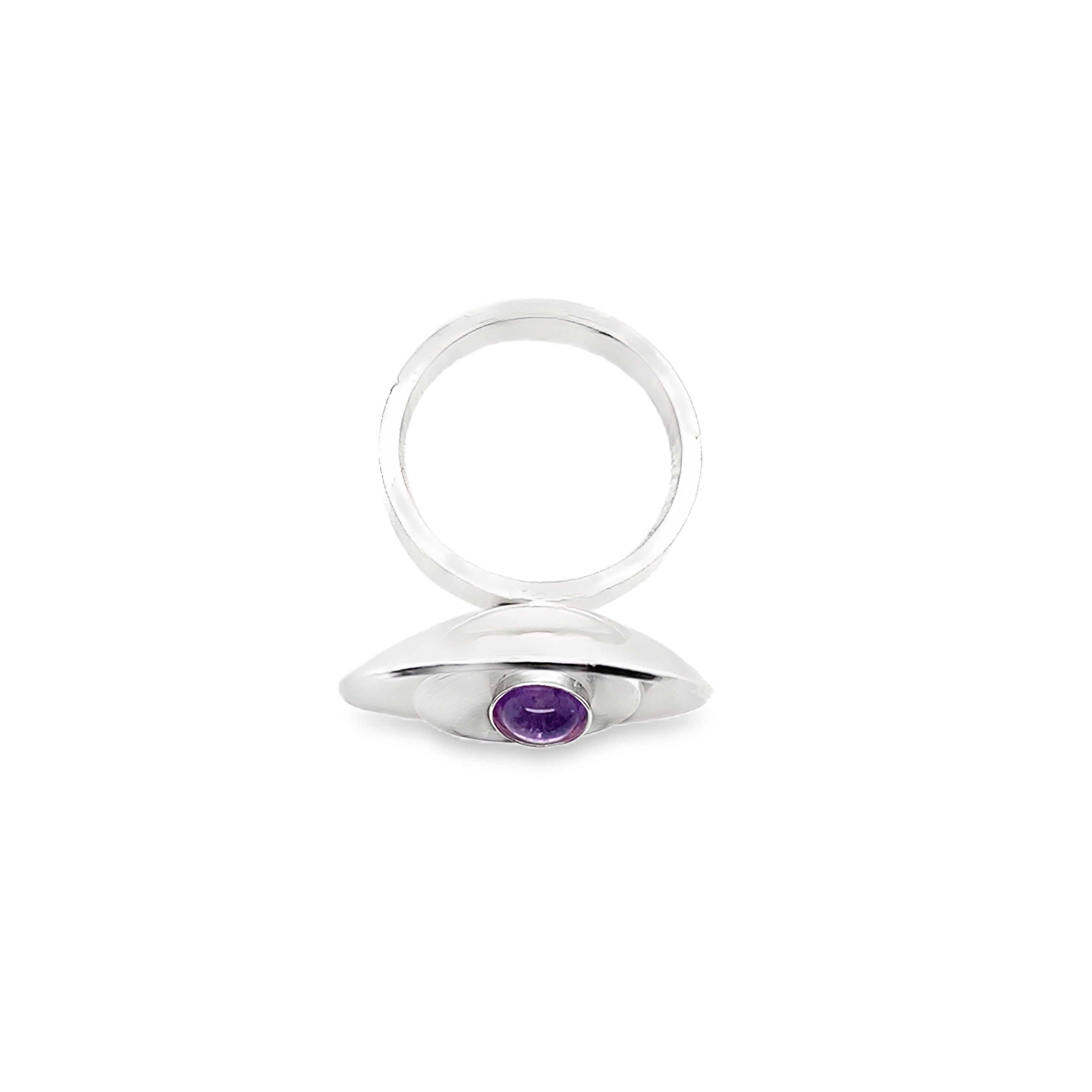 Amethyst set in a silver bezel on a 2 layer domed disc ring