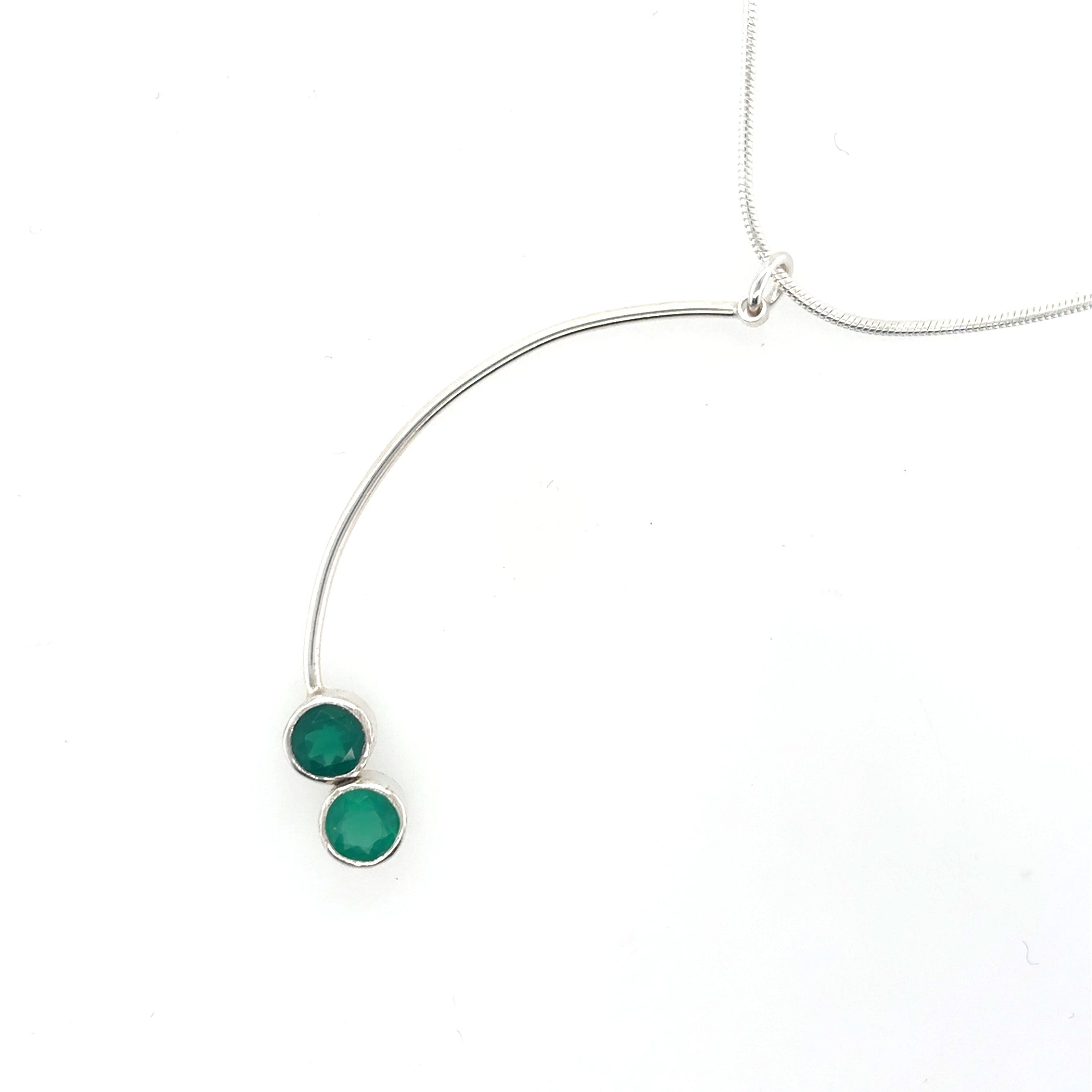 Silver stick necklace with two green onyx stones