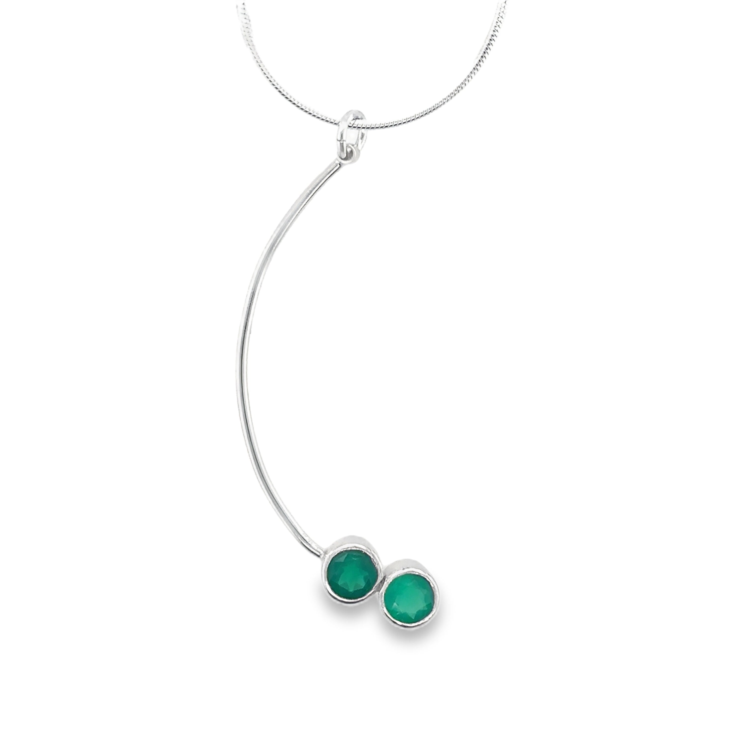 Silver stick necklace with two green onyx stones