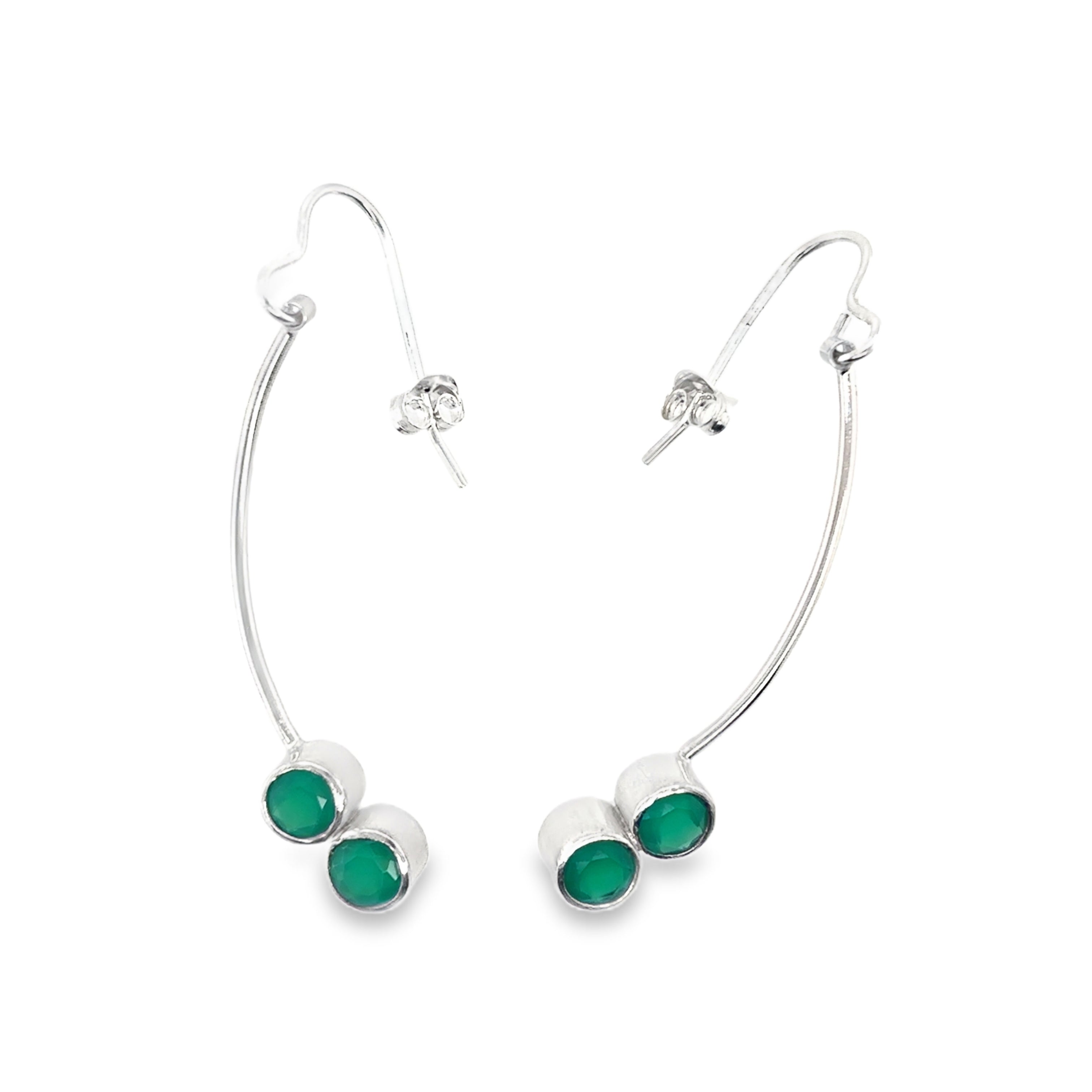 Silver stick drop earrings with two green onyx stones