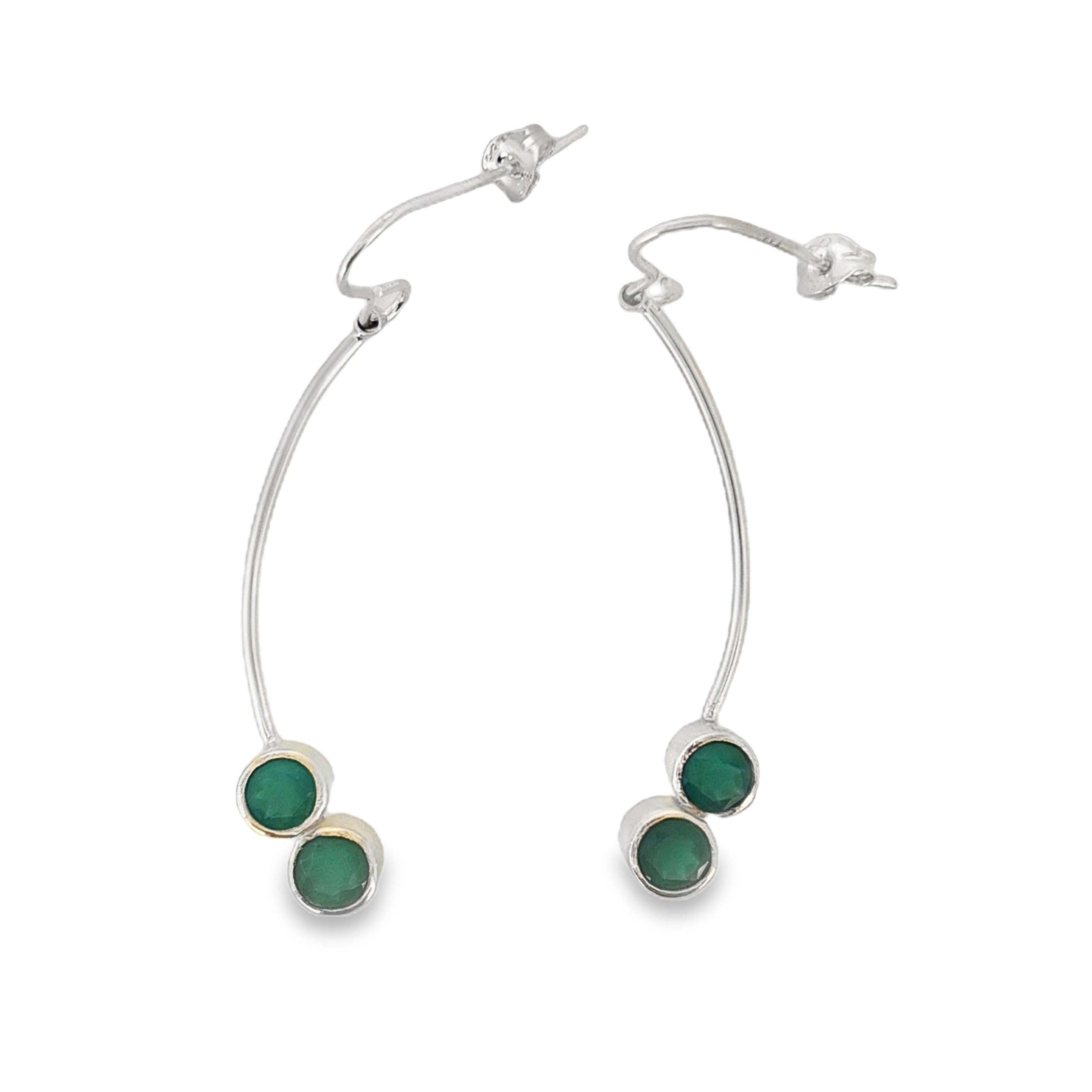 Silver stick drop earrings with two green onyx stones