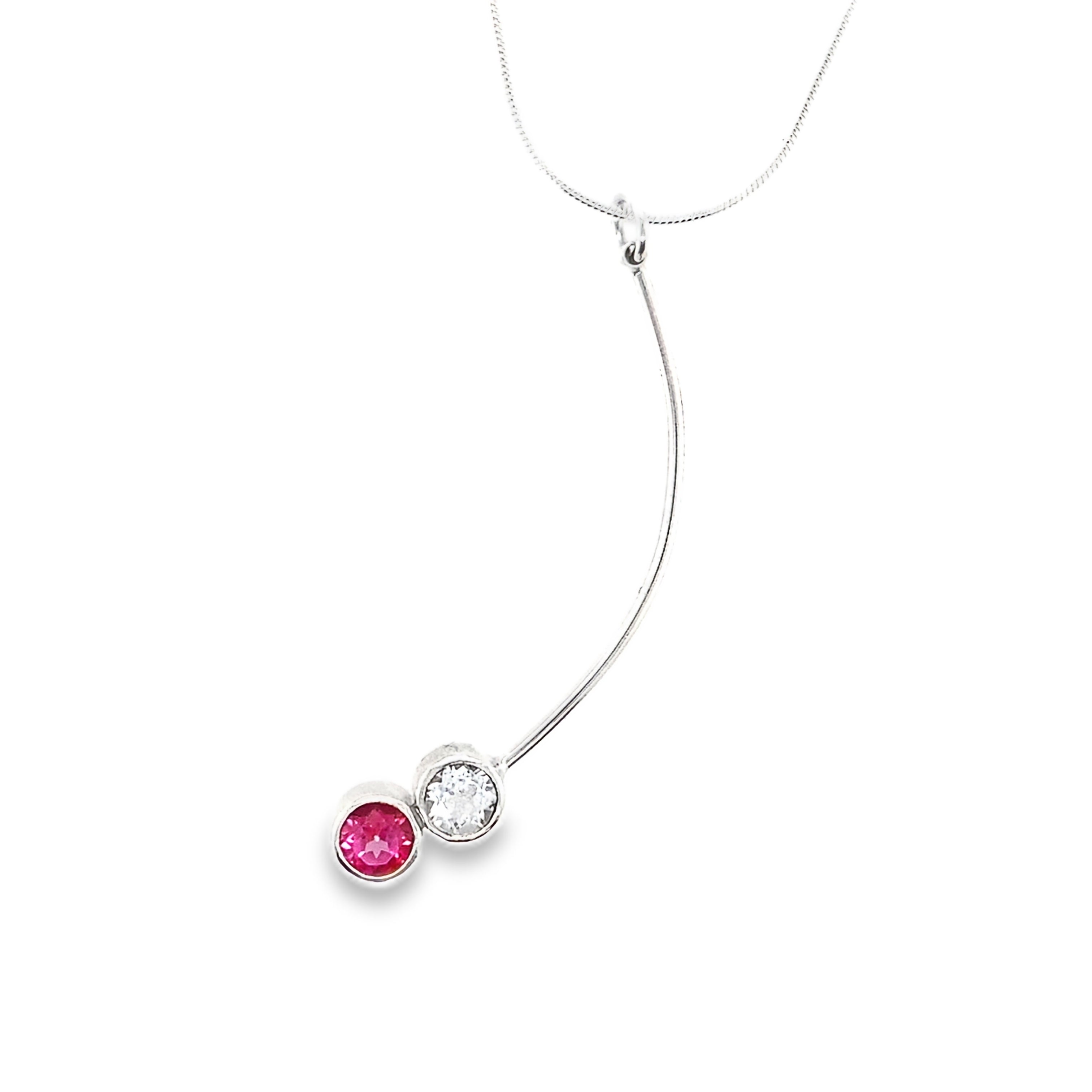 Silver stick necklace with white and pink topaz stones