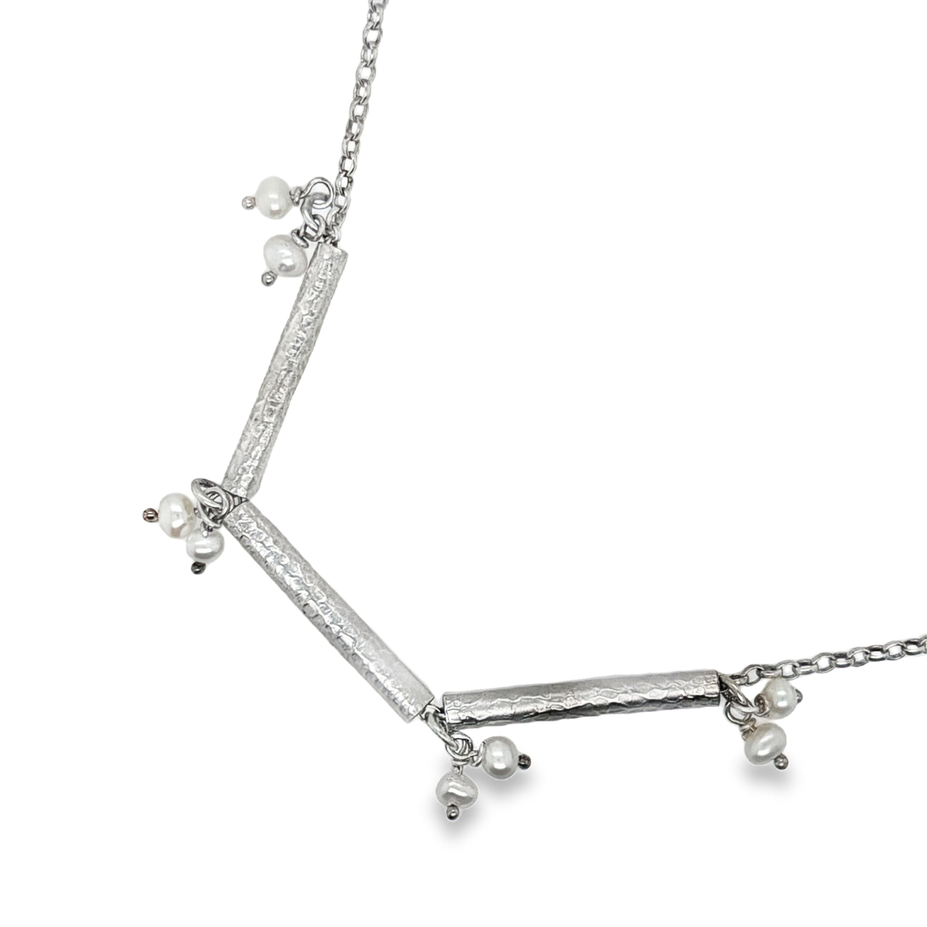 Silver print scroll & freshwater pearls necklace