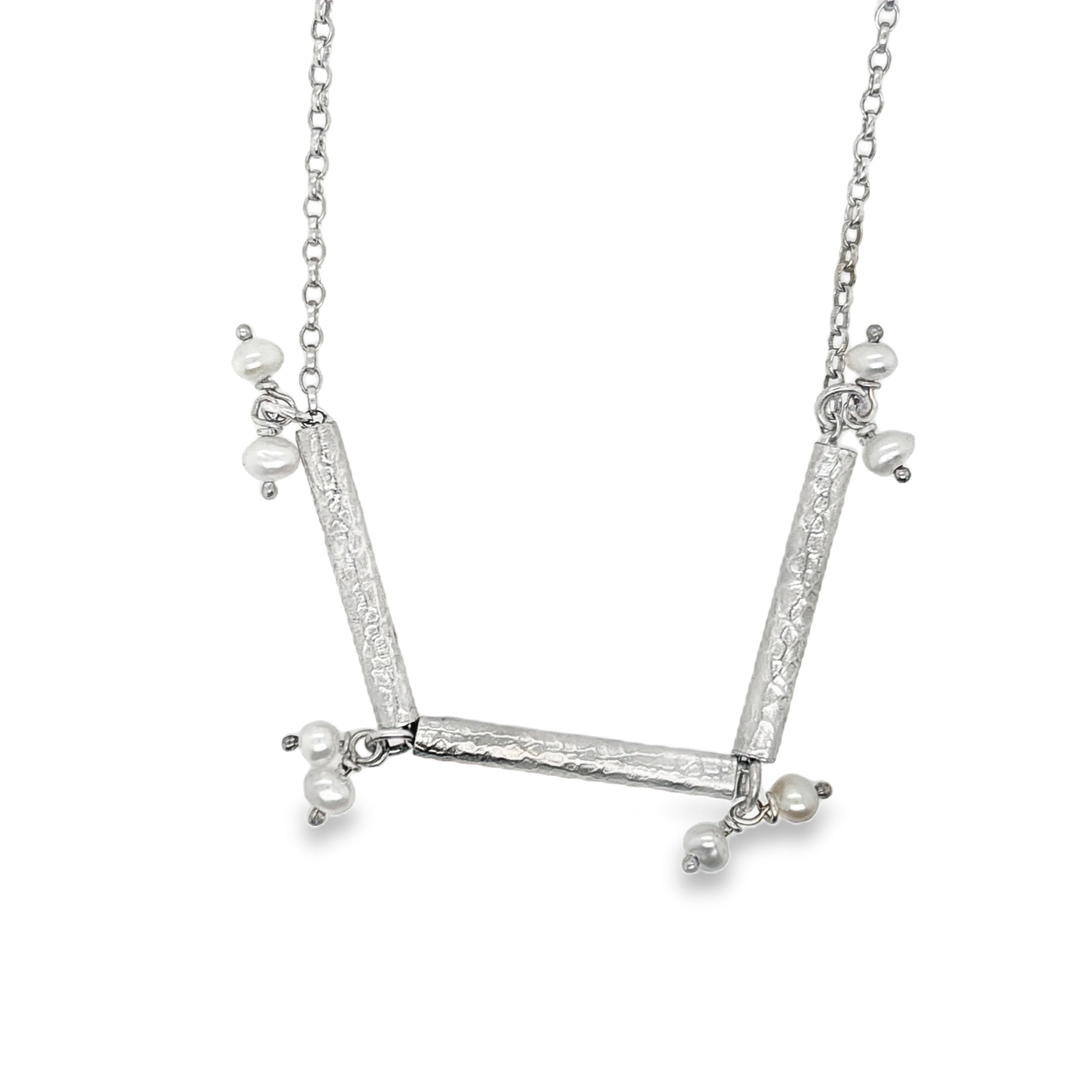 Silver print scroll & freshwater pearls necklace