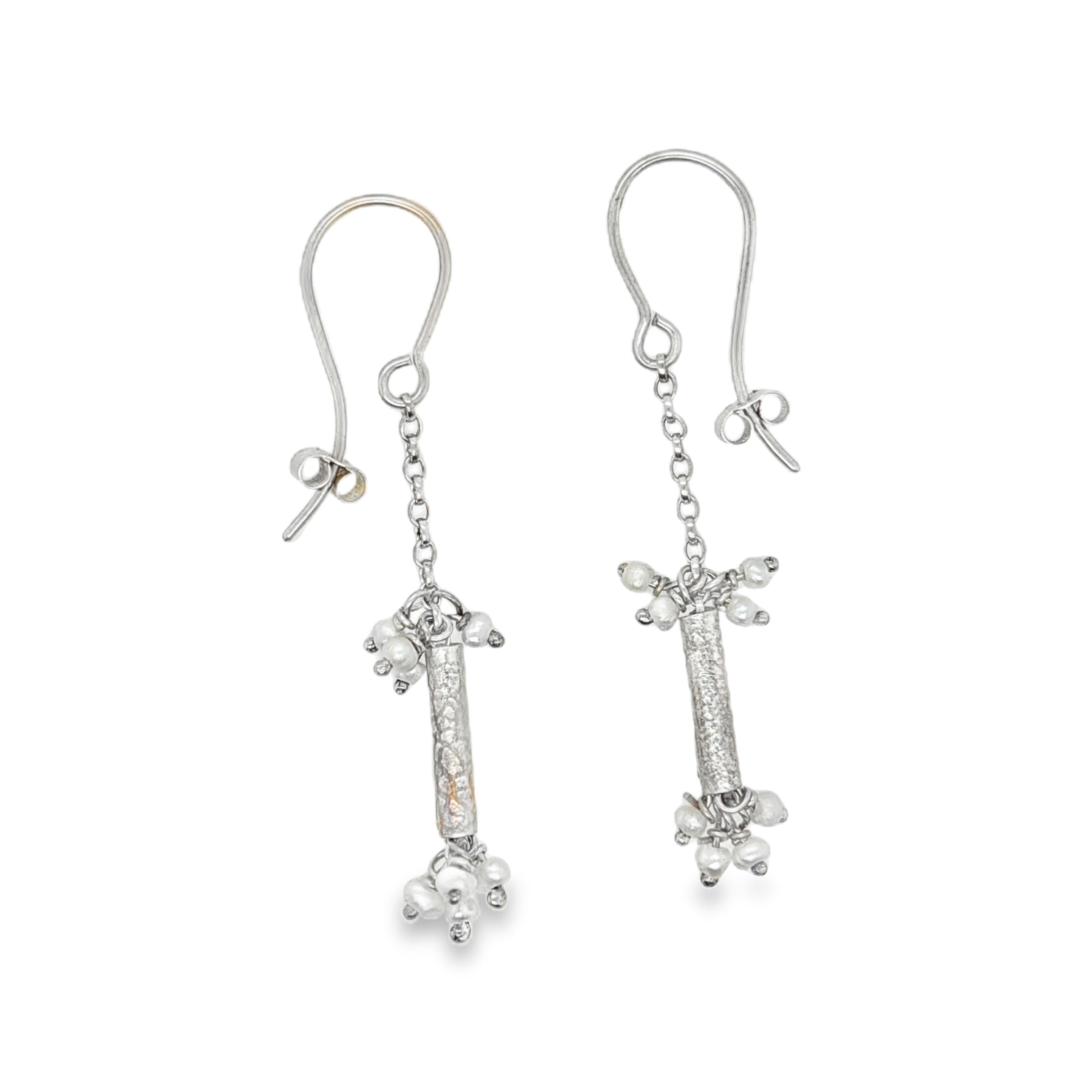 Silver print scroll & freshwater pearl earrings