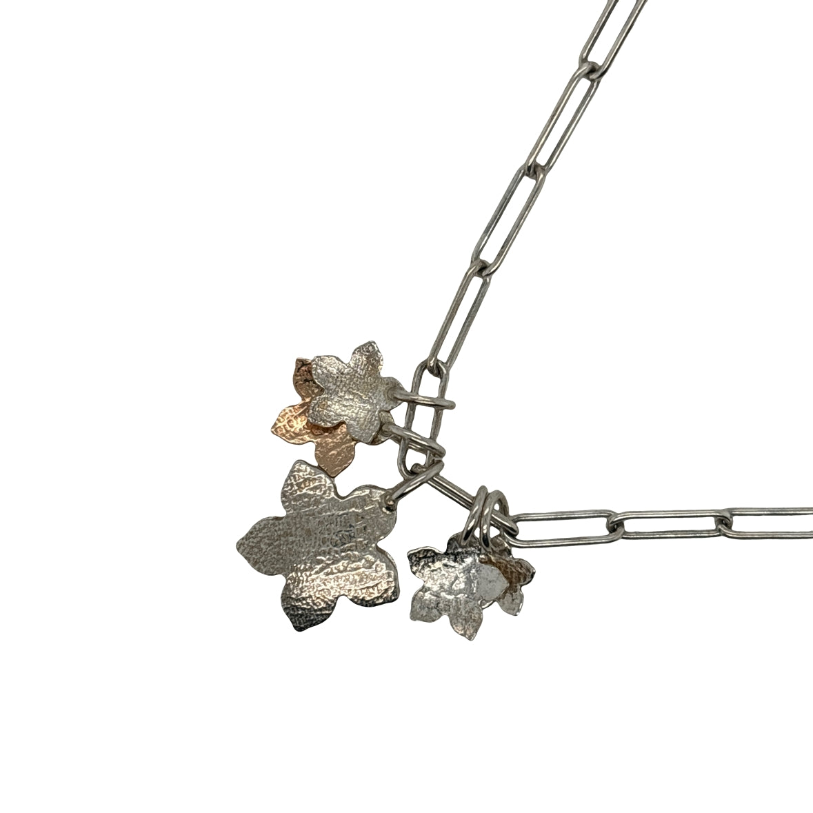 Silver rectangle chain necklace with mixed petal forms