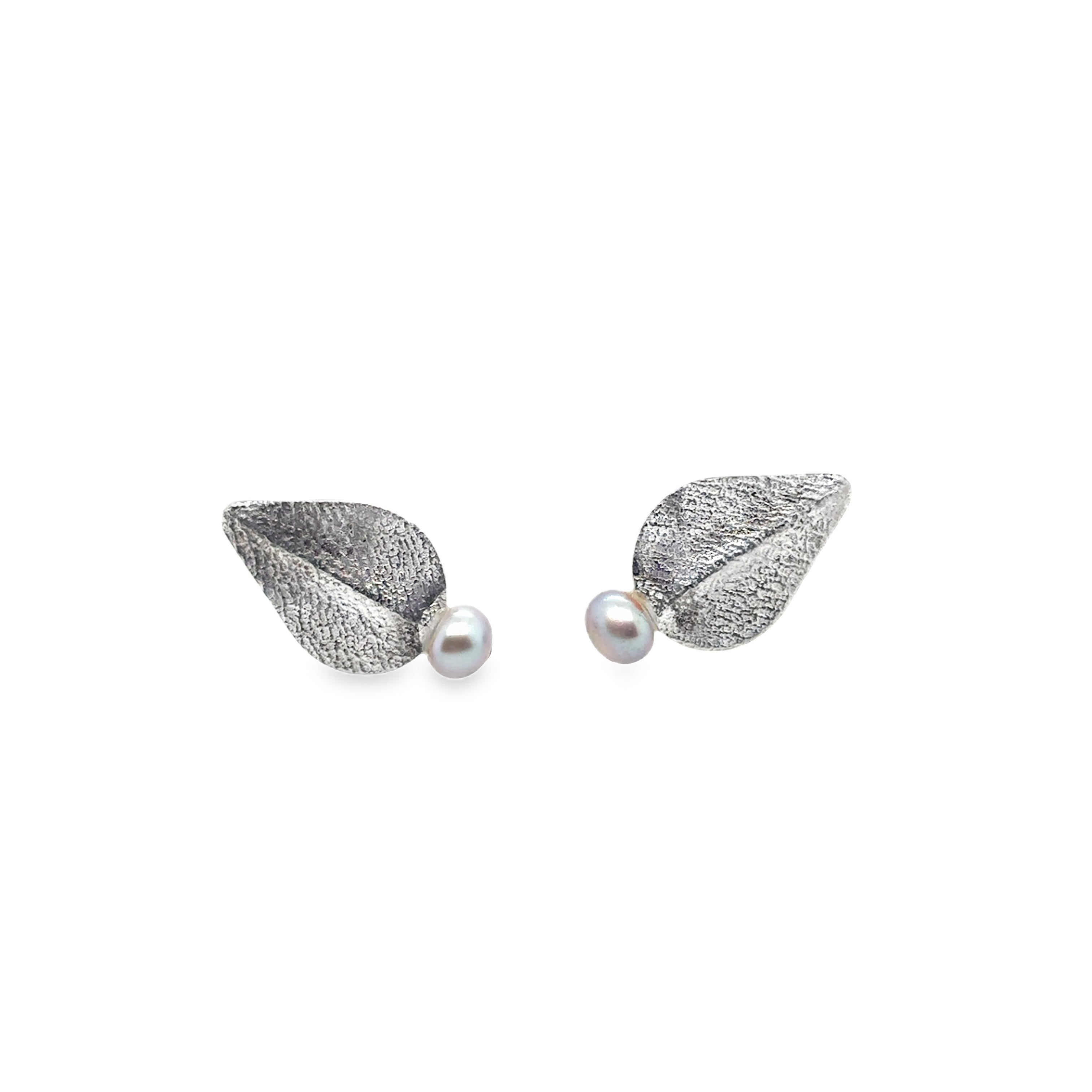 Pear shape stud earrings with grey freshwater pearl