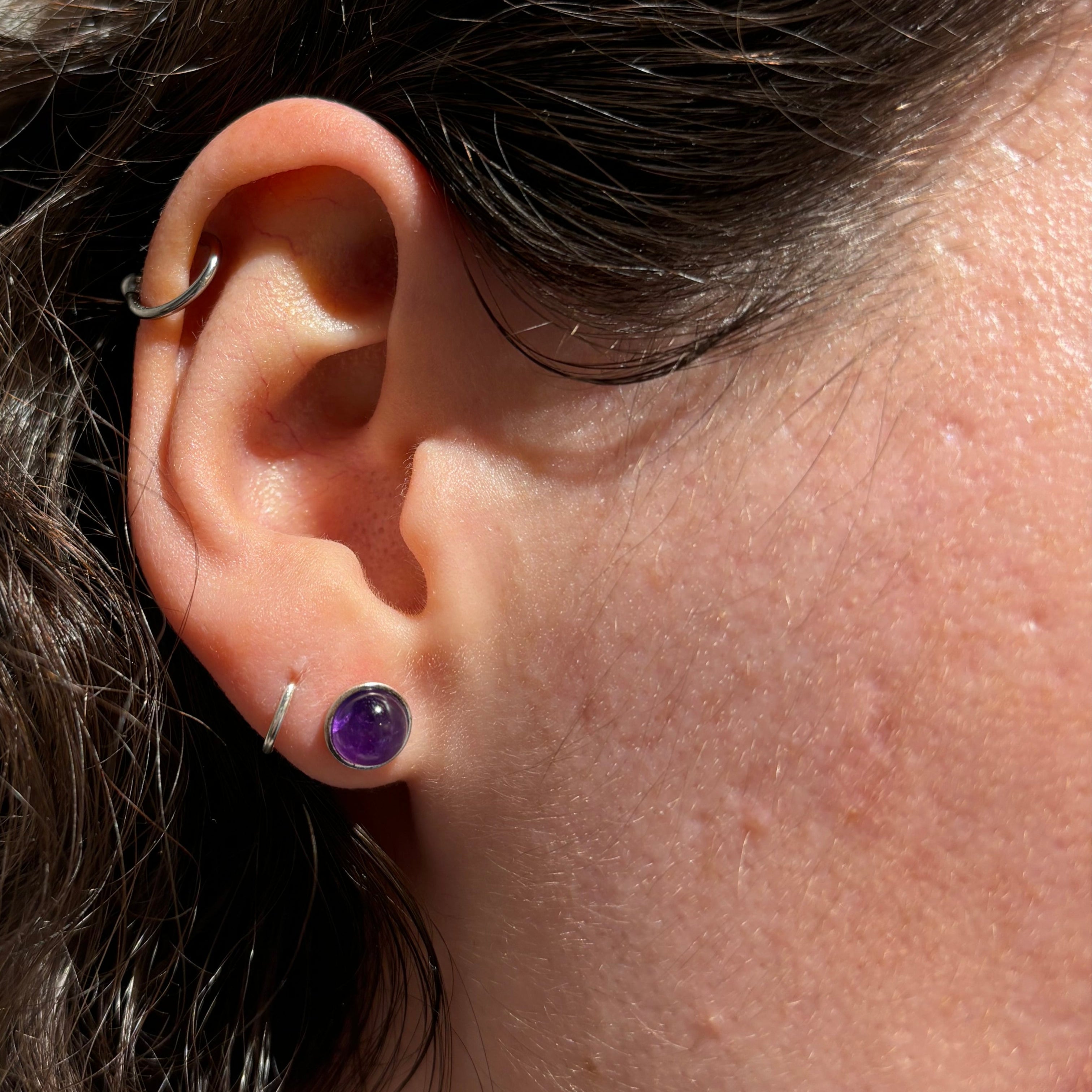 Dark purple amethyst cabochon silver stud earrings